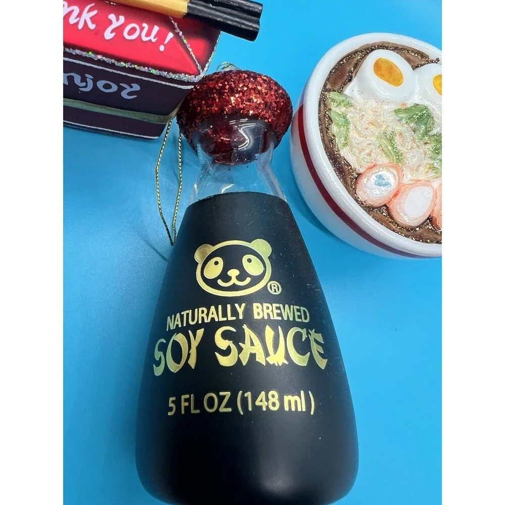 3 Japanese Christmas Ornaments Noodles, Soy Sauce, Take Out Food Glass